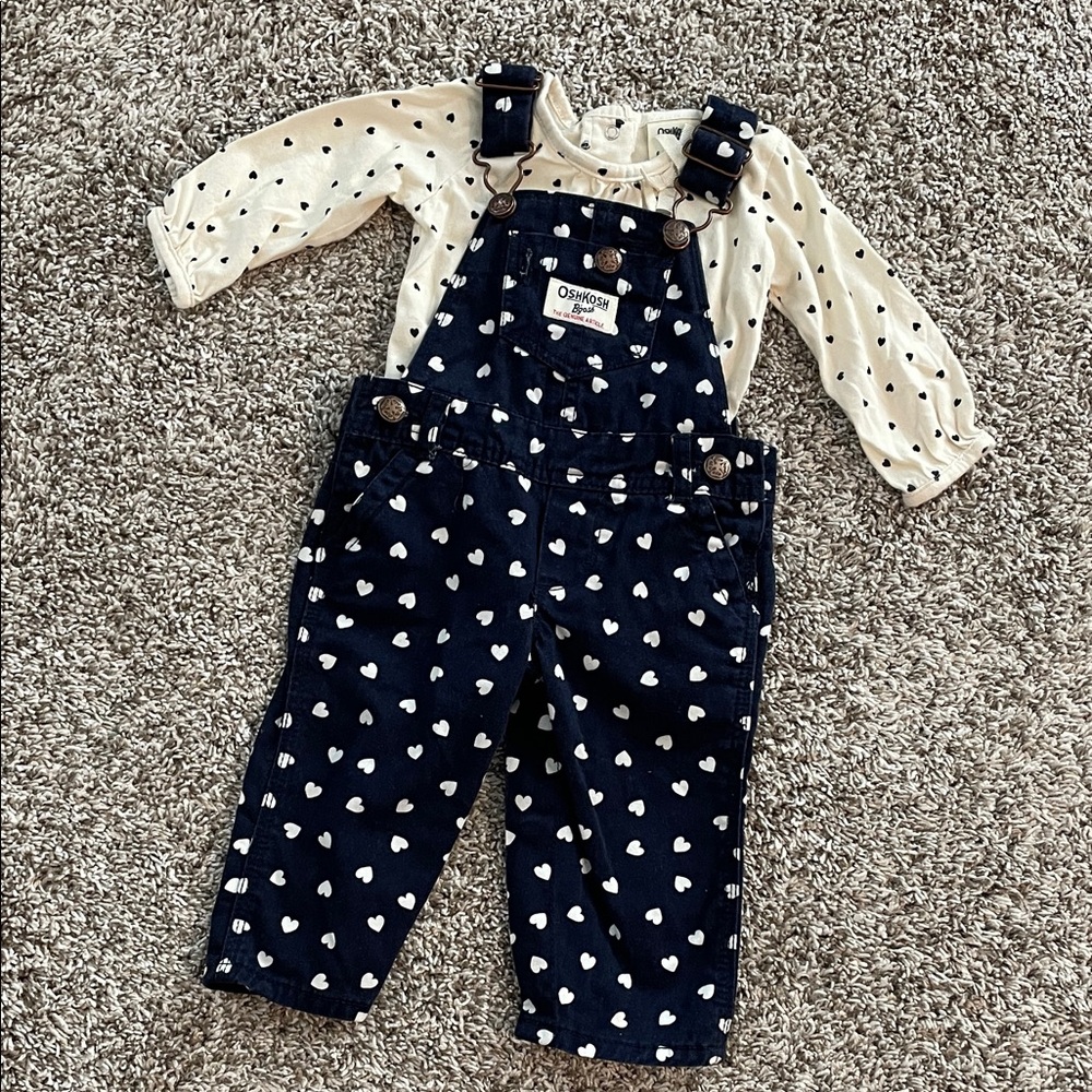OshKosh B'gosh 6 Months Navy with Hearts Overalls Outfit (Like New)